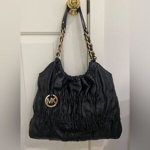 MICHAEL KORS Lamb Skin Leather Ruched Black Shoulder Tote Bag